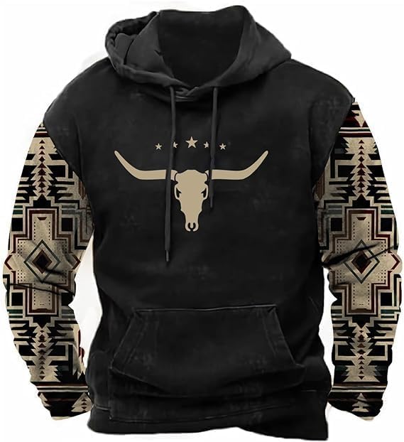 HOTYD Mens Cowboy Sweatshirt Vintage Tribal Aztec Printed Plus Size Western Jackets for Men Long Sleeve Pullover Hoodie