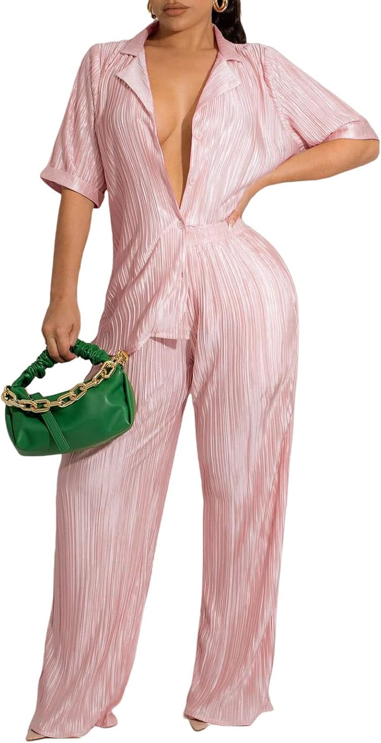 Halfword Women’s 2 Piece Casual Outfits Long Sleeve Button Down Shirt High Waist Long Pants Loungewear Streetwear Suits