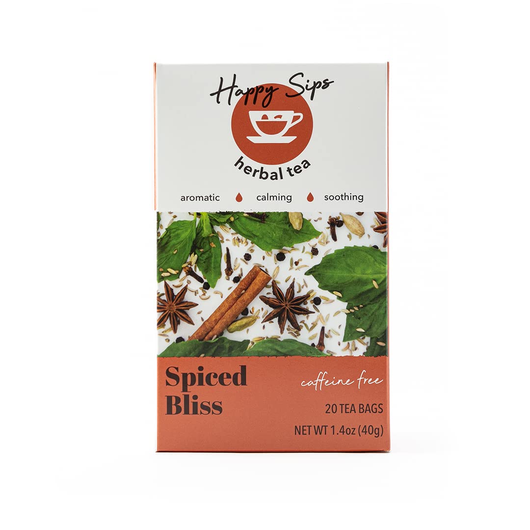 Happy Sips Herbal Tea – Spiced Bliss – Made of 11 Non-GMO Natural Herbs & Spices with No Artificial Flavor, Colors, or Additives | 100% Naturally Caffeine Free | Great Taste & Promotes Well-Being | 20 Individually Wrapped Tea Bags (Pack of 1)