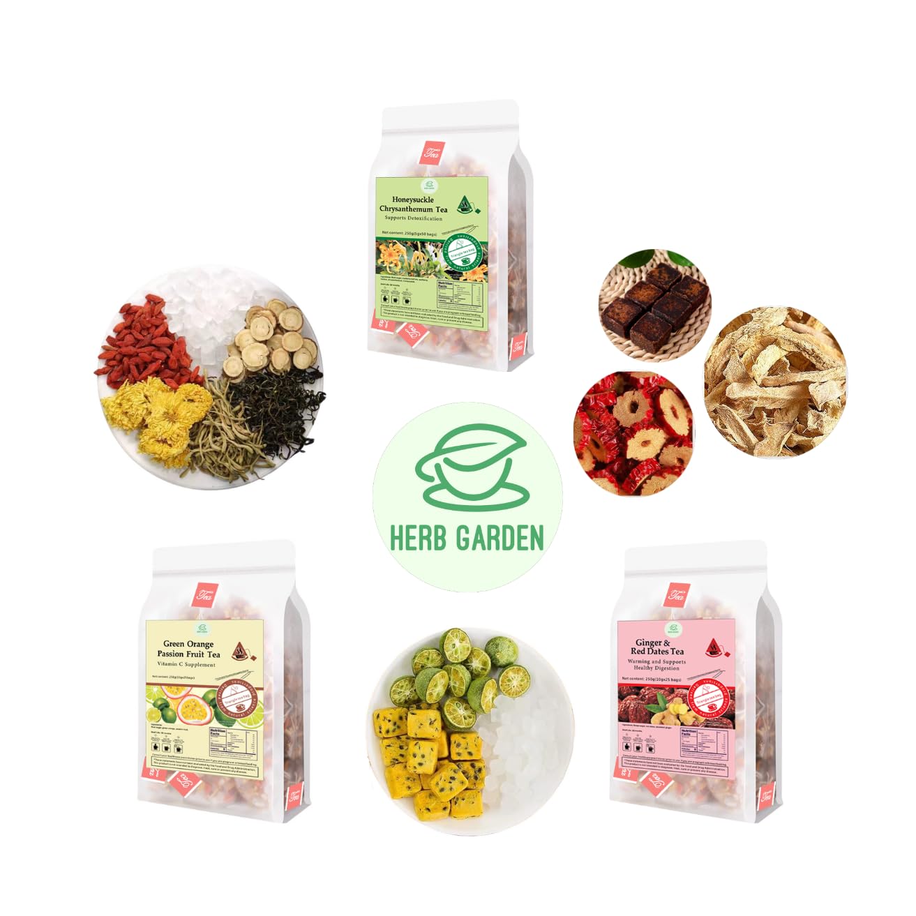 Herb Garden Benefits Wellness Herbal Fruit Tea, Honeysuckle Chrysanthemum Tea + Green Orange Passion Fruit Tea + Ginger & Red Dates Tea – 26.4oz (100 count)/3 pack – Menstrual support, Skin Detox, Positive Energy, Stress Relief, Vitamin C Supplement, Supports Elevated Mood and Energy Levels, Healthy Digestion, Overall Health & a Healthy Glow, Morning Vitality, Great Taste with Black Sugar, 100% Natural Whole Material No Gluten with Triangle Teabags