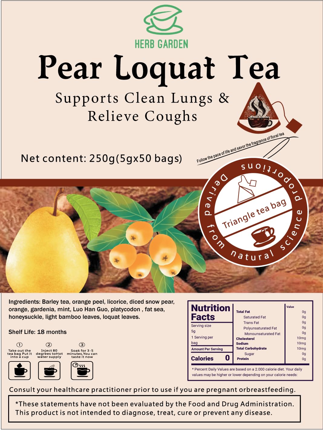 Herb Garden Benefits Wellness Herbal Tea, Pear Loquat Tea – 8.8oz (50 count)/pack – Caffeine Free, Positive Energy, Stress Relief, Throat Comfort, Soothes the Throat, Supports Clean Lungs & Relieve Coughts, Great Taste, 100% Natural Whole Material No Gluten with Triangle Teabags (1 bag (50 teabags) – 8.8oz)