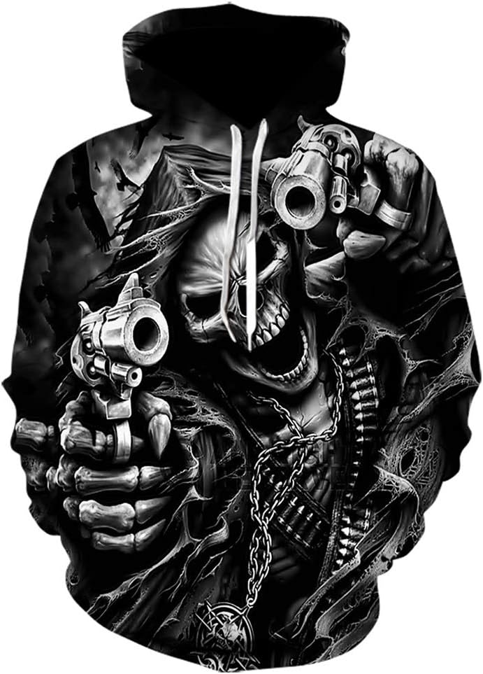 Hoodies Men Skull 3D Graphic Print Sweatshirts Pullover Tops with Pocket