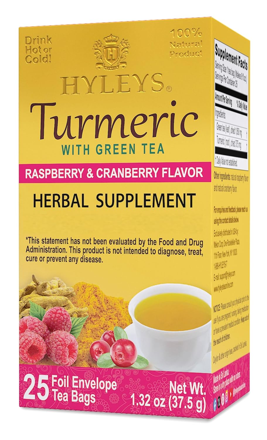 Hyleys Turmeric & Green Tea with Raspberry & Cranberry Flavors Hyleys Turmeric & Green Tea with Raspberry & Cranberry Flavors - Antioxidant Rich Herbal Tea - 25 Tea Bags