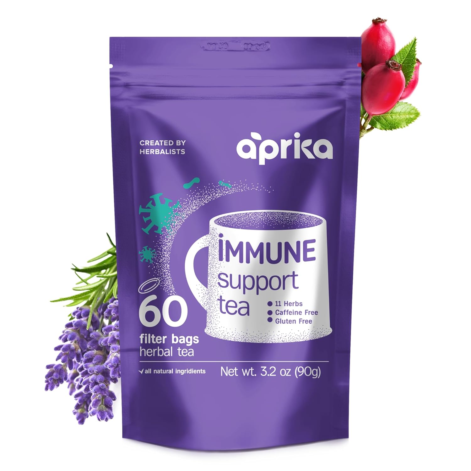 Immunity Booster Decaffeinated Tea Bags, Pure Herbal Immunity Blend – Lemon Balm, Peppermint, Chamomile, Lavender. Immune Support Supplement – 60 Bags by Aprika Life