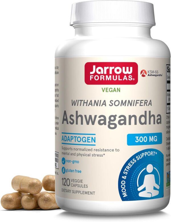 Jarrow Formulas Ashwagandha Capsules, 300 mg Supplement Supports Normalized Resistance to Mental and Physical Stress, 120 Veggie Capsules, 60 Day Supply