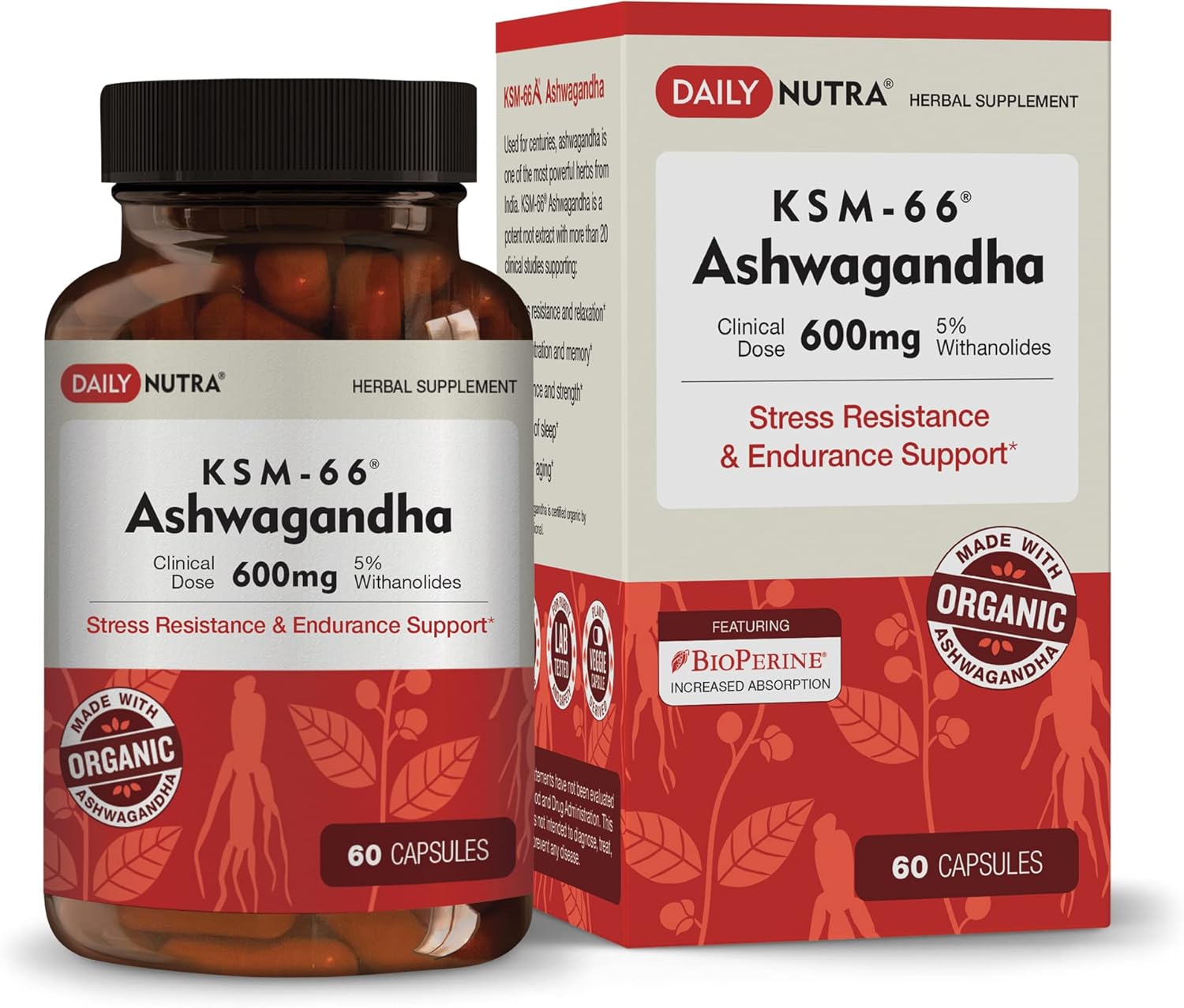 KSM-66 Ashwagandha 600mg Organic Root Extract – High Potency Supplement with 5% Withanolides | Relieves Tiredness, Supports Relaxation, Focus, Energy, & Muscle Growth (60 Capsules)