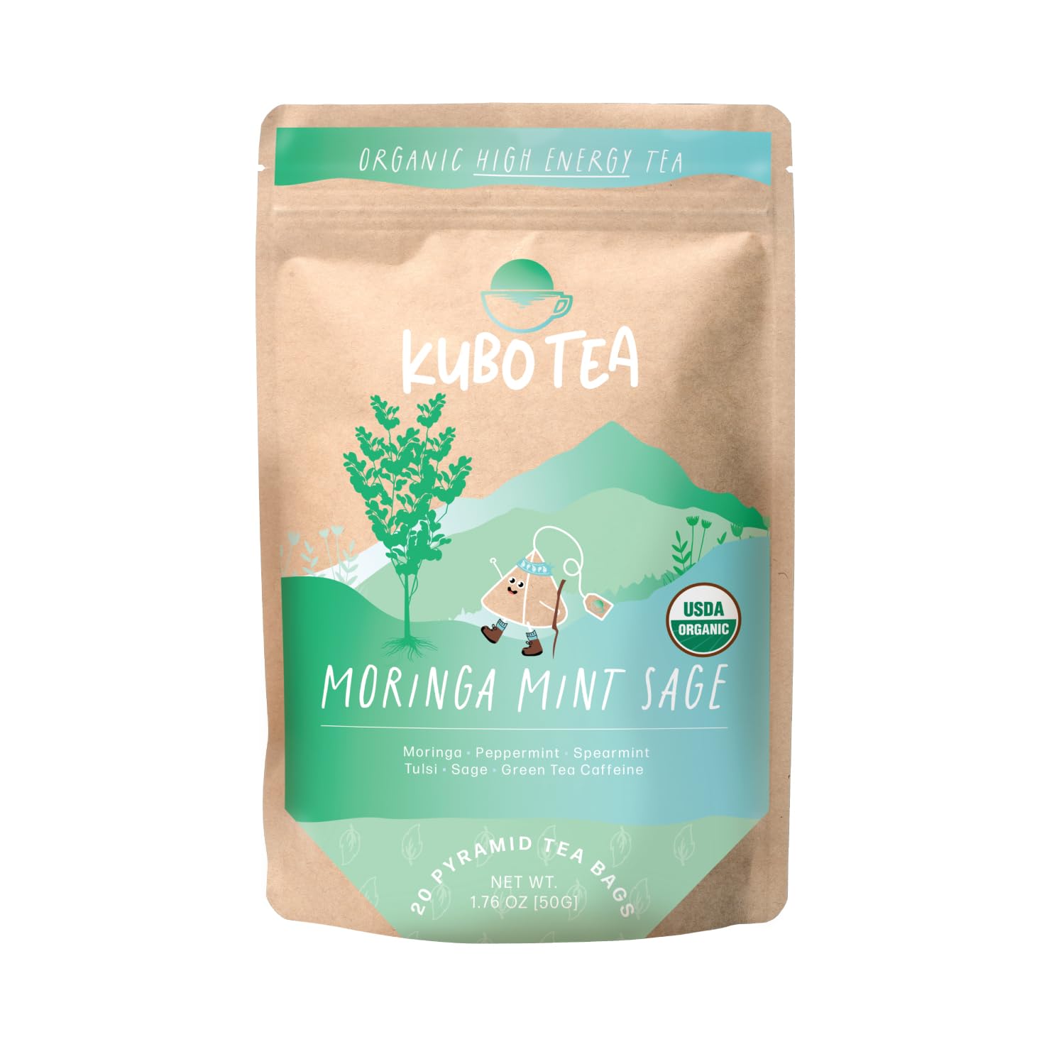 Kubo Tea, Moringa Mint Sage Green Tea, Organic Caffeine Blend, Kubo Tea, Moringa Mint Sage Green Tea, Organic Caffeine Blend, High Caffeine Blend, 20 Servings (140mg Caffeine each), Pyramid Tea Bags, Kraft Packaging, Healthy Coffee Substitute