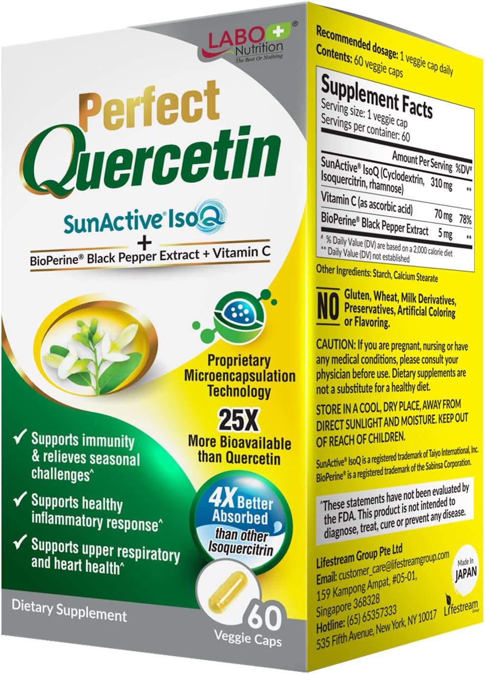 LABO Nutrition Perfect Quercetin SunActive IsoQ Bioflavonoids, Vitamin C, 25x More Bioavailable, for Immune, Allergy, Sinus Relief, and Cardiovascular Support – Healthy Inflammation Response – 60s