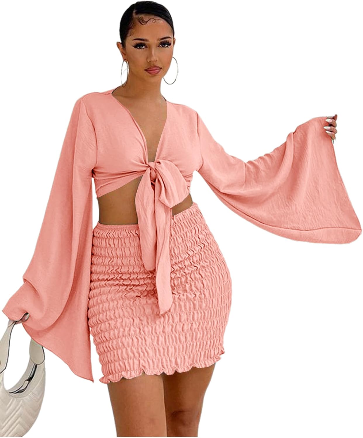 LYANER Women’s 2 Piece Outfits Tie Knot Front Bell Long Sleeve Crop Top and Mini Skirt Set