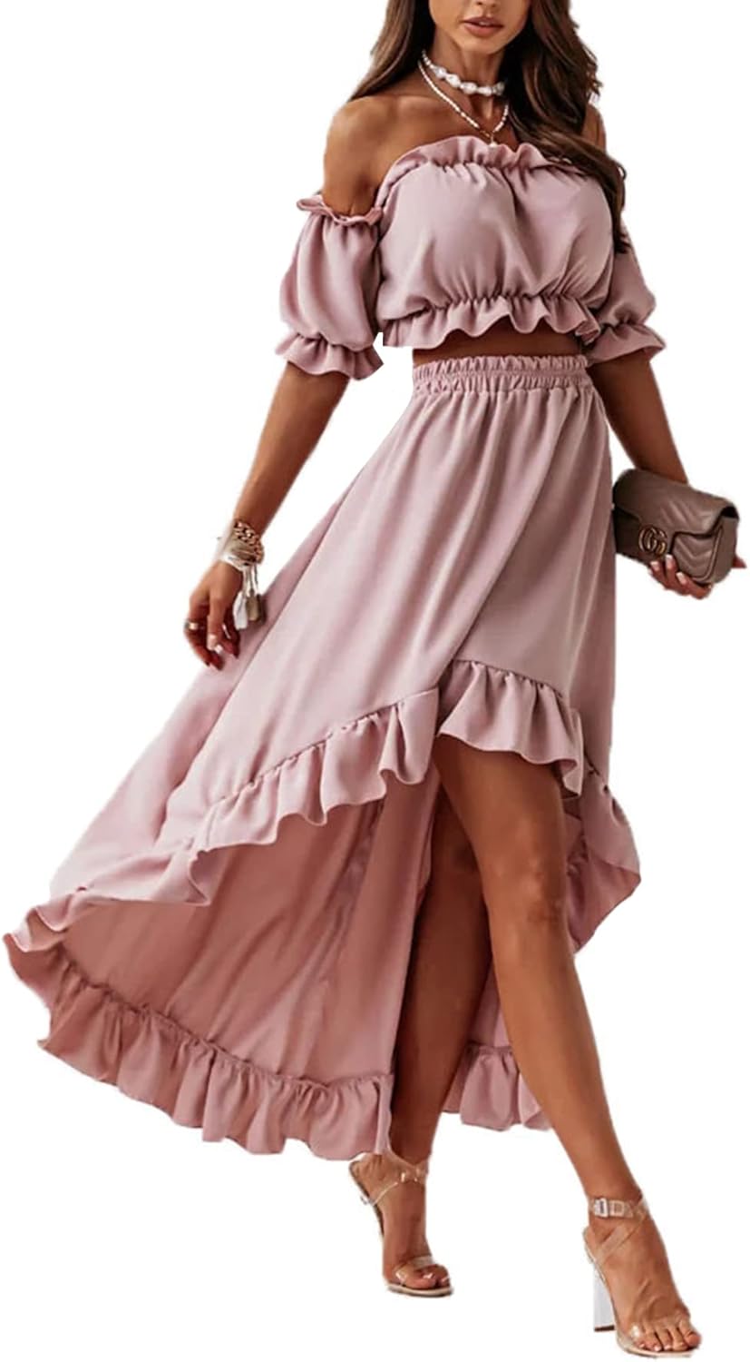 LYANER Women’s Two Pieces Outfits Off Shoulder Crop Top and High Low Skirt Set