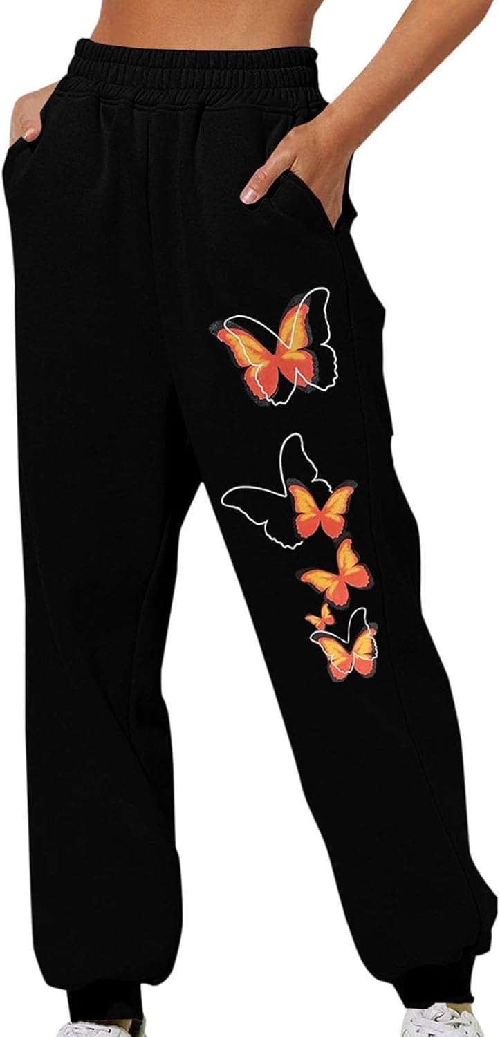 Lastesso Sweatpants for Women High Waisted Jogger Pants Bottom Sweatpants with Butterfly Trendy Baggy Joggers with Pockets