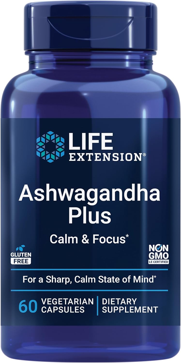 Life Extension Ashwagandha Plus Calm & Focus, ashwagandha Extract, Spearmint Extract, Focus, Attention, Relaxation, Advanced Formula, 60 Vegetarian Capsules