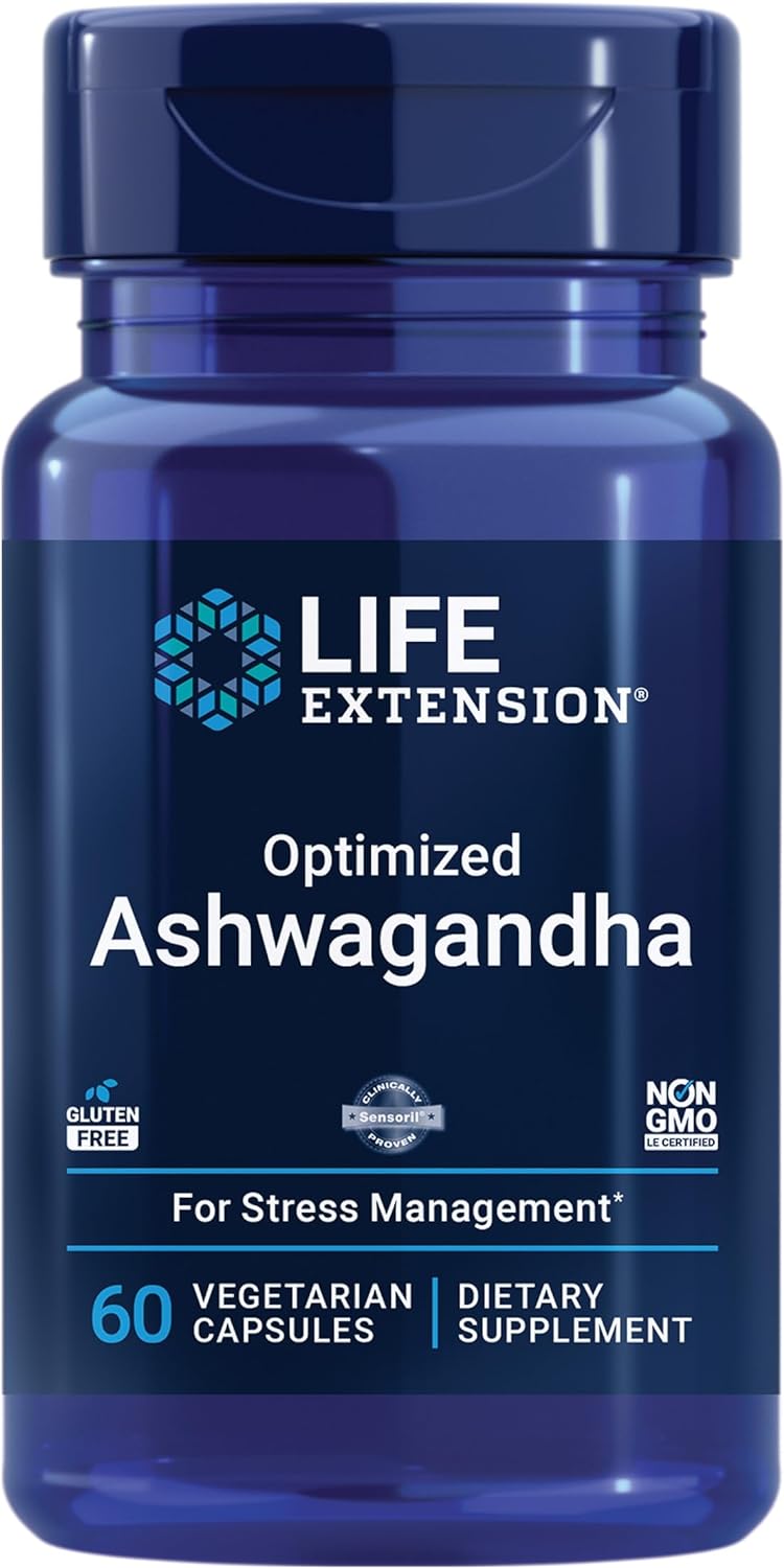 Life Extension Optimized Ashwagandha – Stress management supplement for a healthy stress response, focus, memory, stress relief – vegetarian, gluten-free, non-GMO, 60 capsules