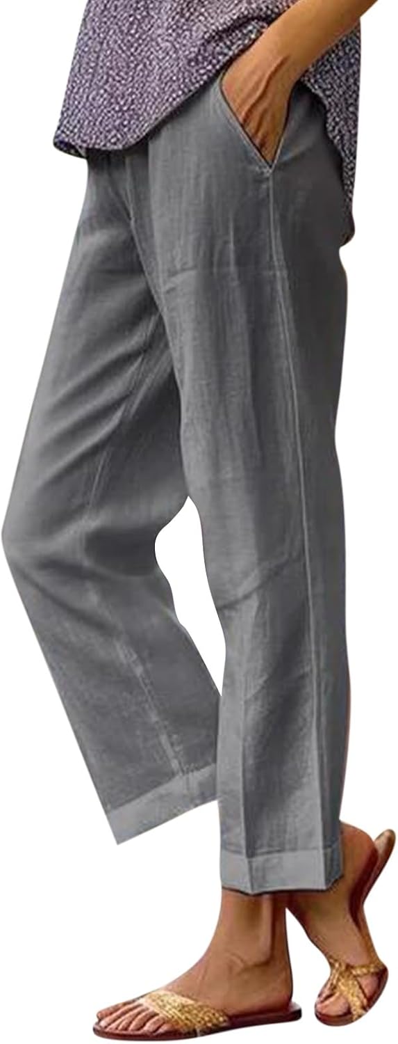 Linen Pants Women Summer Buttery Soft Black Trousers with Pockets Elastic Waist Straight Leg