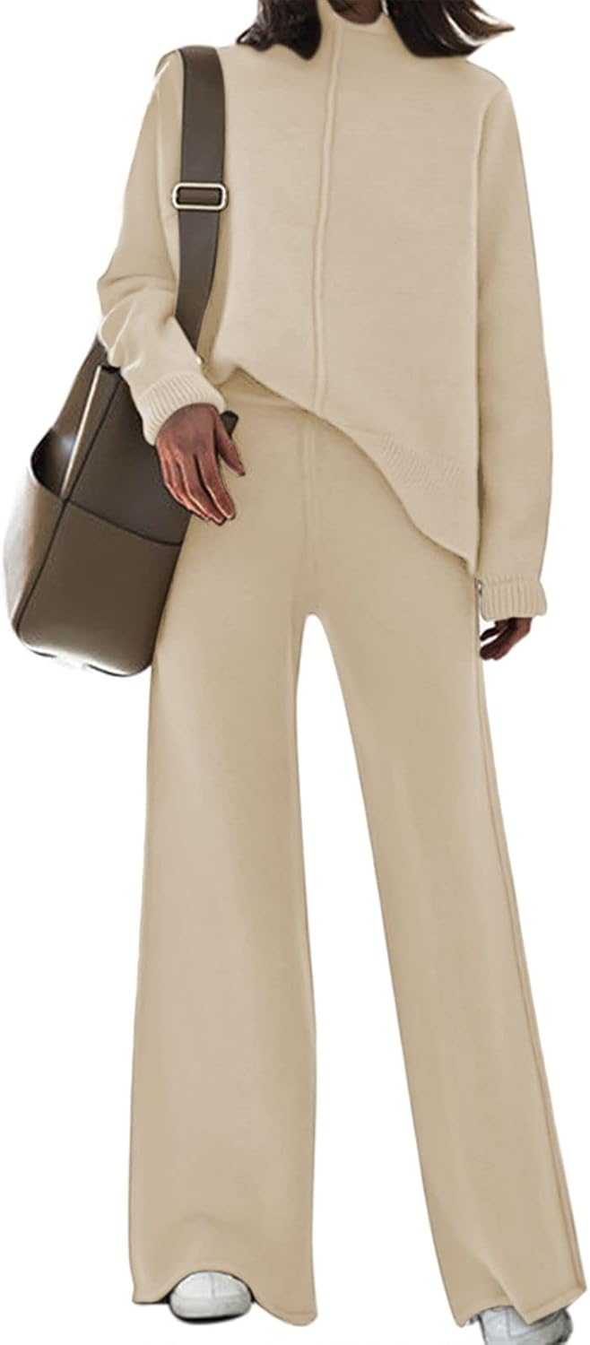 Linsery Women 2 Piece Outfits High Neck Knitted Sweater Wide Leg Pant Sweatsuit Lounge Sets