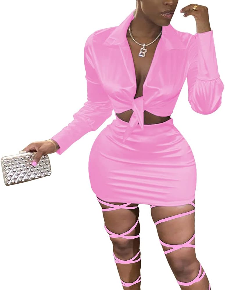 LuFeng Womens Satin Sexy Self Tie Front Long Sleeve 2 Piece Outfits Crop Top and Mini Bodycon Skirt Set