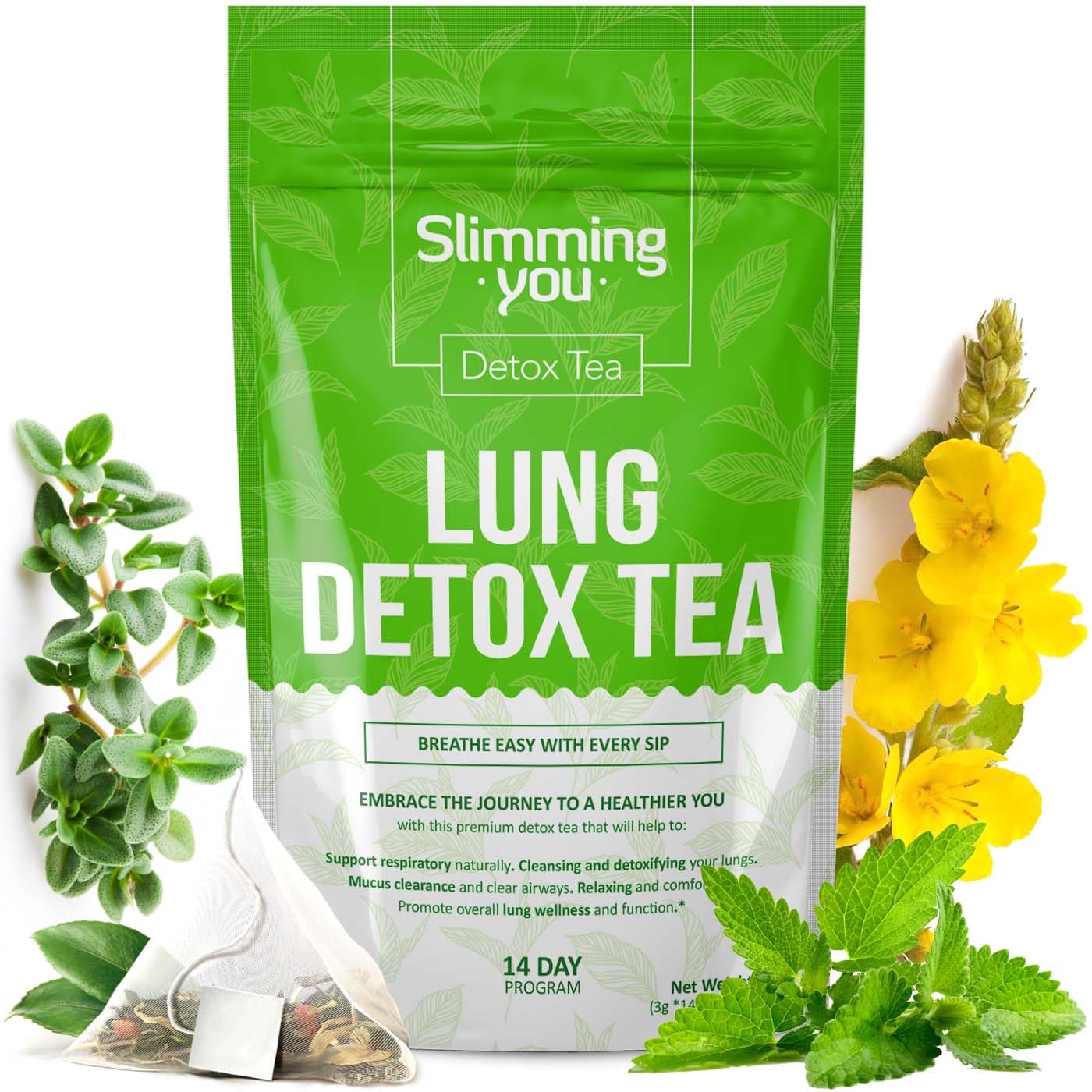 Lung Detox Tea – Mullein Tea Bags for Lungs Cleanse and Respiratory Health with Mullein Leaf, Lungwort, Eucalyptus, Thyme, Liquorice, Spearmint – 14 Tea Bags Natrual Herbal Tea, Caffeine Free