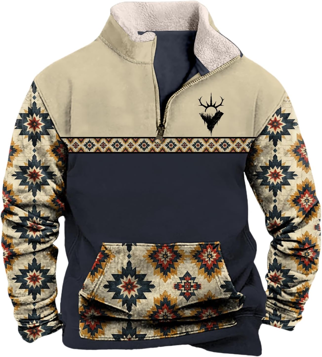 MARSVOVO Cowboy Hoodies Tribal Western Tops Aztec Print 1/4 Zip Pullover Y2k Spring Fall Casual Sweatshirt with Pockets
