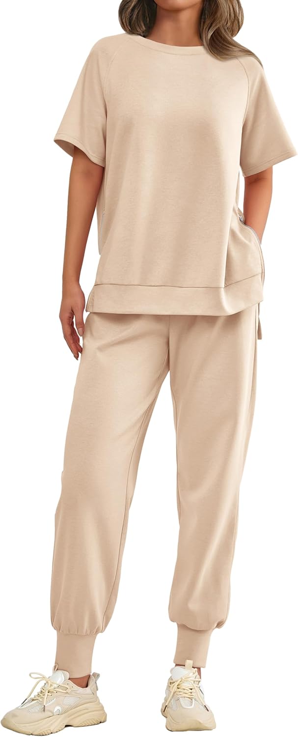 MASCOMODA 2 Piece Outfits for Women 2024 Summer Crewneck Short Sleeve Tops Long Sweatpant Casual Tracksuit Jogger Lounge Sets