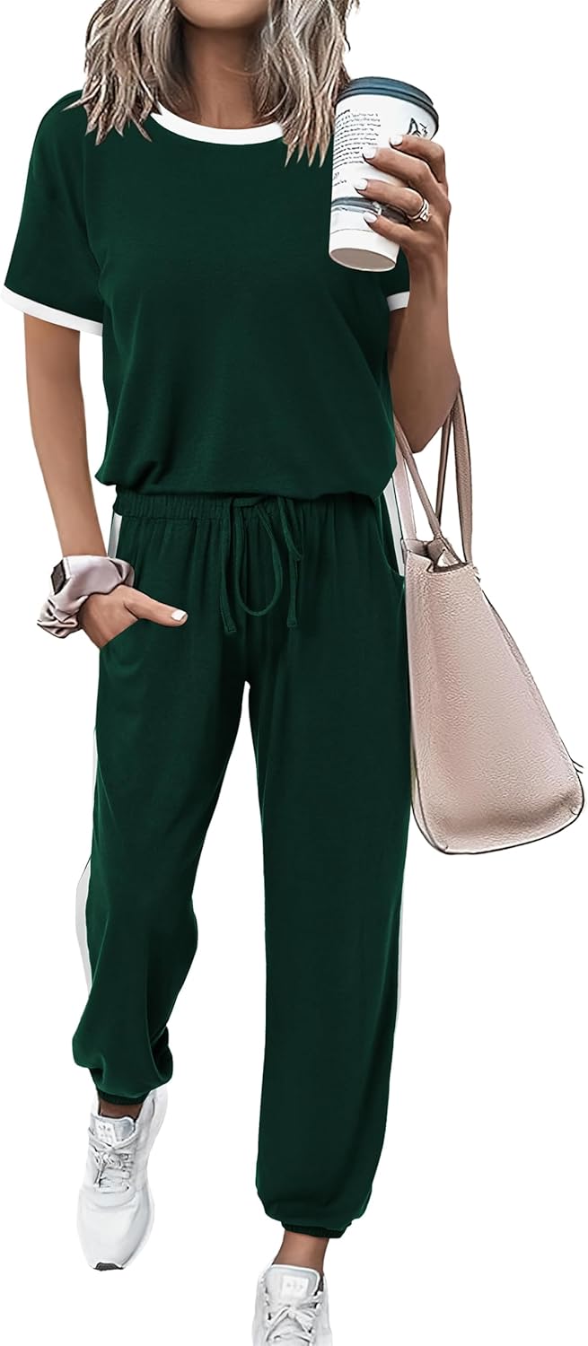 MASCOMODA Womens 2 Piece Outfits 2024 Summer Tracksuit Sets Short Sleeve Tops Long Pants Jogger Lounge Set