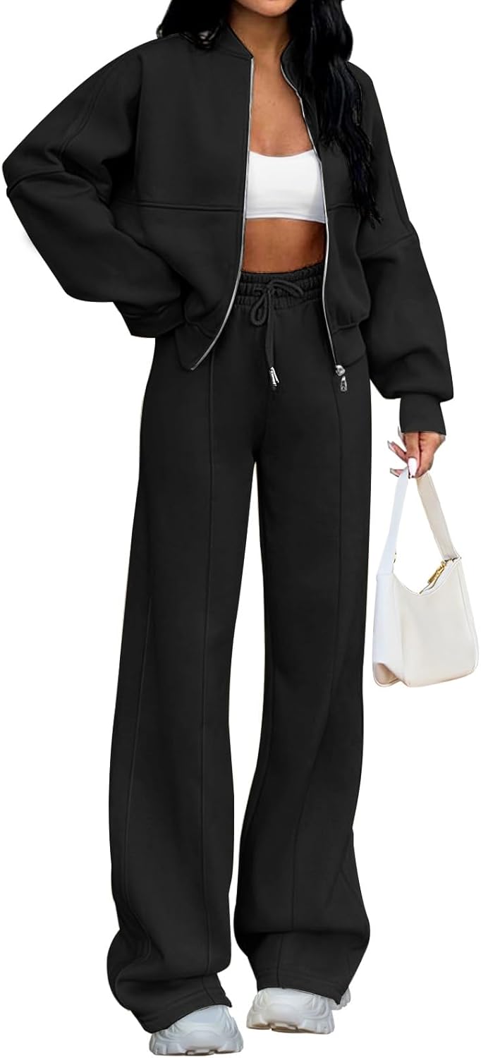 MEROKEETY Women’s Fall 2 Piece Sweatsuits Set Long Sleeve Zip Up Sweatshirt Wide Leg Sweatpants Lounge Sets
