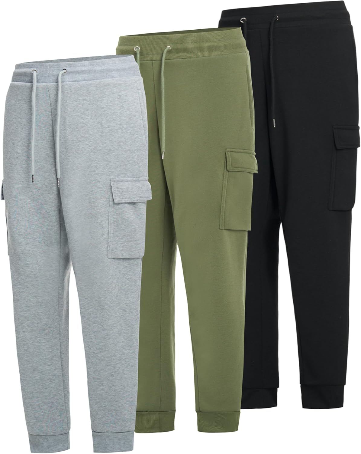 Men’s 3-Pack Fleece Athletic Workout Jogger Sweatpants with Cargo Pockets and Drawstring Size S-3XL