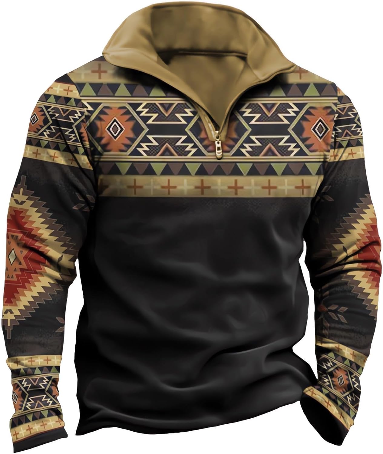 Mens Aztec Cowboy Sweatshirt Retro Ethnic Western Half Zipper Pullover Vintage Hoodies Western Casual Long Sleeve