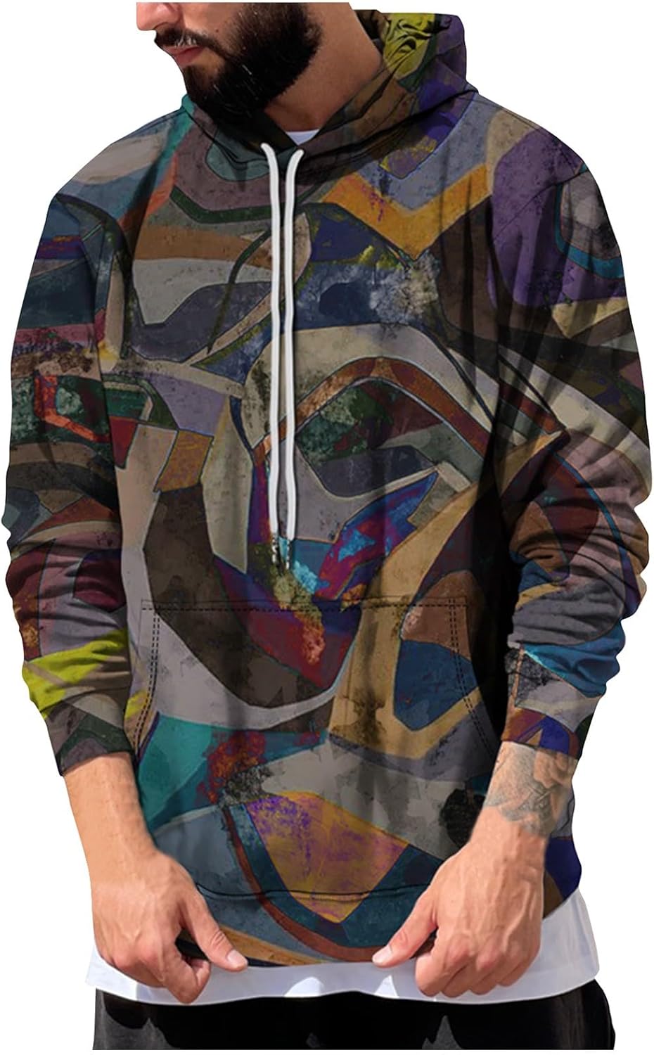 Mens Hoodies Casual Drawstring Printed Loose Trendy Graphic Sports Hoodies