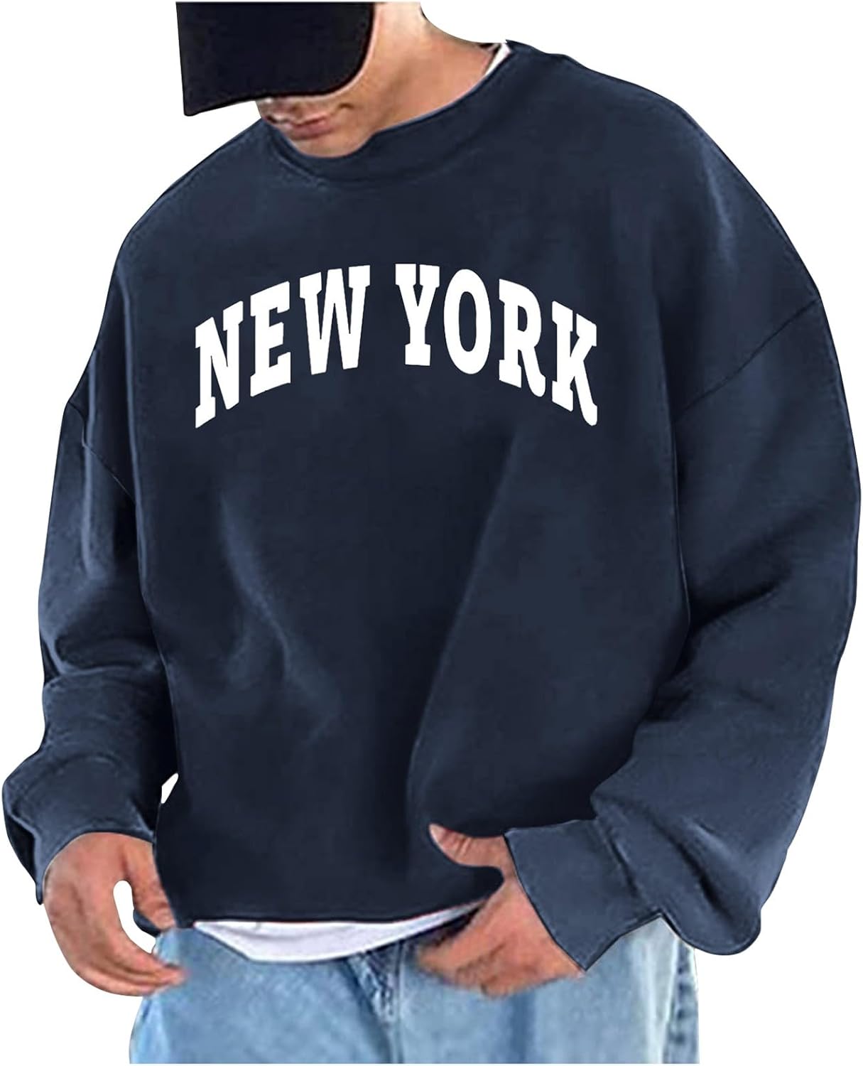 Men’s Letter Graphic Print Pullover Crewneck New York Sweatshirt Casual Long Sleeve Tops Oversized Streetwear