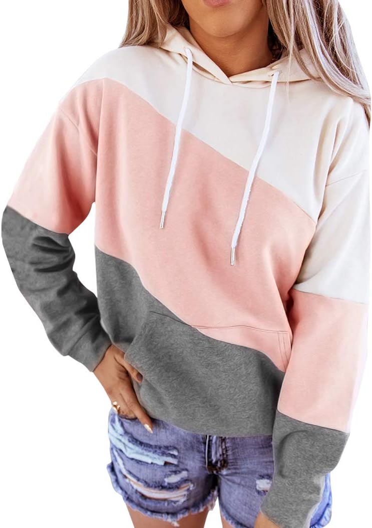Minclouse Women’s Long sleeves Color Block Hoodie Tops Cute Casual Drawstring Loose Lightweight Tunic Pullover