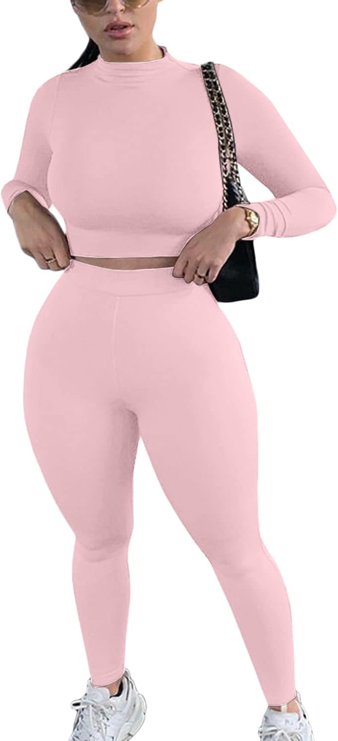 Mulisky Women’s Casual 2 Piece Outfits Sexy Bodycon Long Sleeve Crop Top with Long Pants Tracksuit Set Jumpsuits