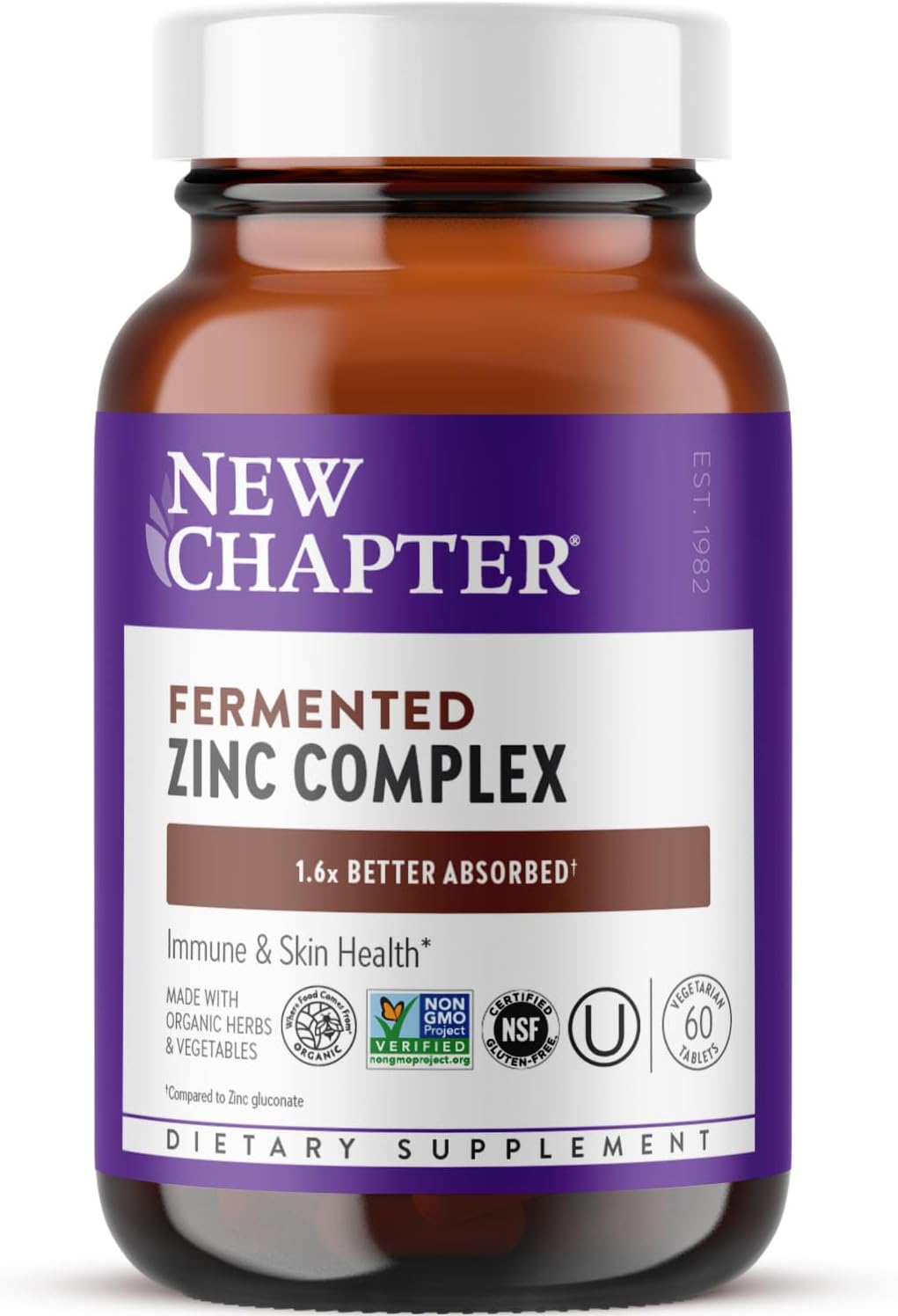 New Chapter Zinc Supplement, Fermented Zinc Complex, ONE Daily for Immune Support + Skin Health, Mineral-Balancing Formula Rich in Copper, Easy to Swallow & Digest, 60 Count (2 Month Supply)