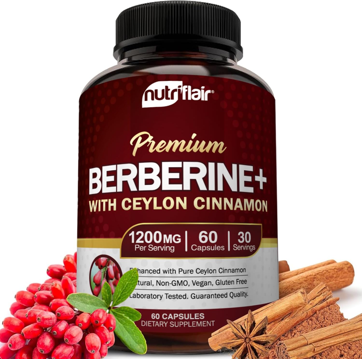 NutriFlair Premium Berberine HCL 1200mg, 60 Capsules – Plus Pure True Ceylon Cinnamon, Berberine HCI Root Supplements Pills – Immune System – yields an Optimal 8% Berberine