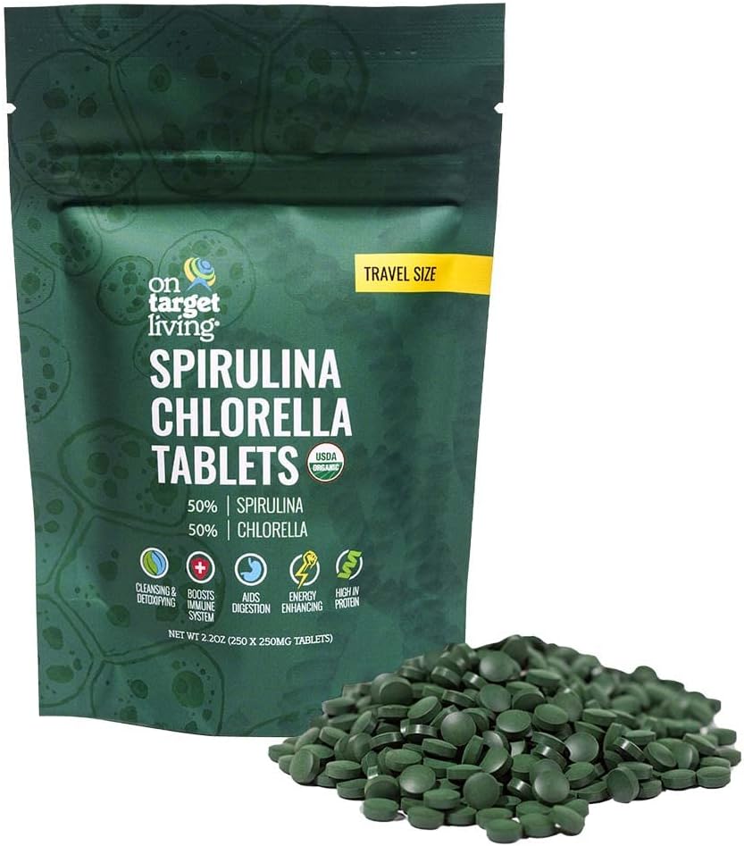 On Target Living Organic Spirulina Chlorella Travel Size | USDA Organic | 250 Tablets- 250 G (2.2 oz) | Vegan | Immune System Boosting | Alkalyzing | Detoxifying | Protein Dense |