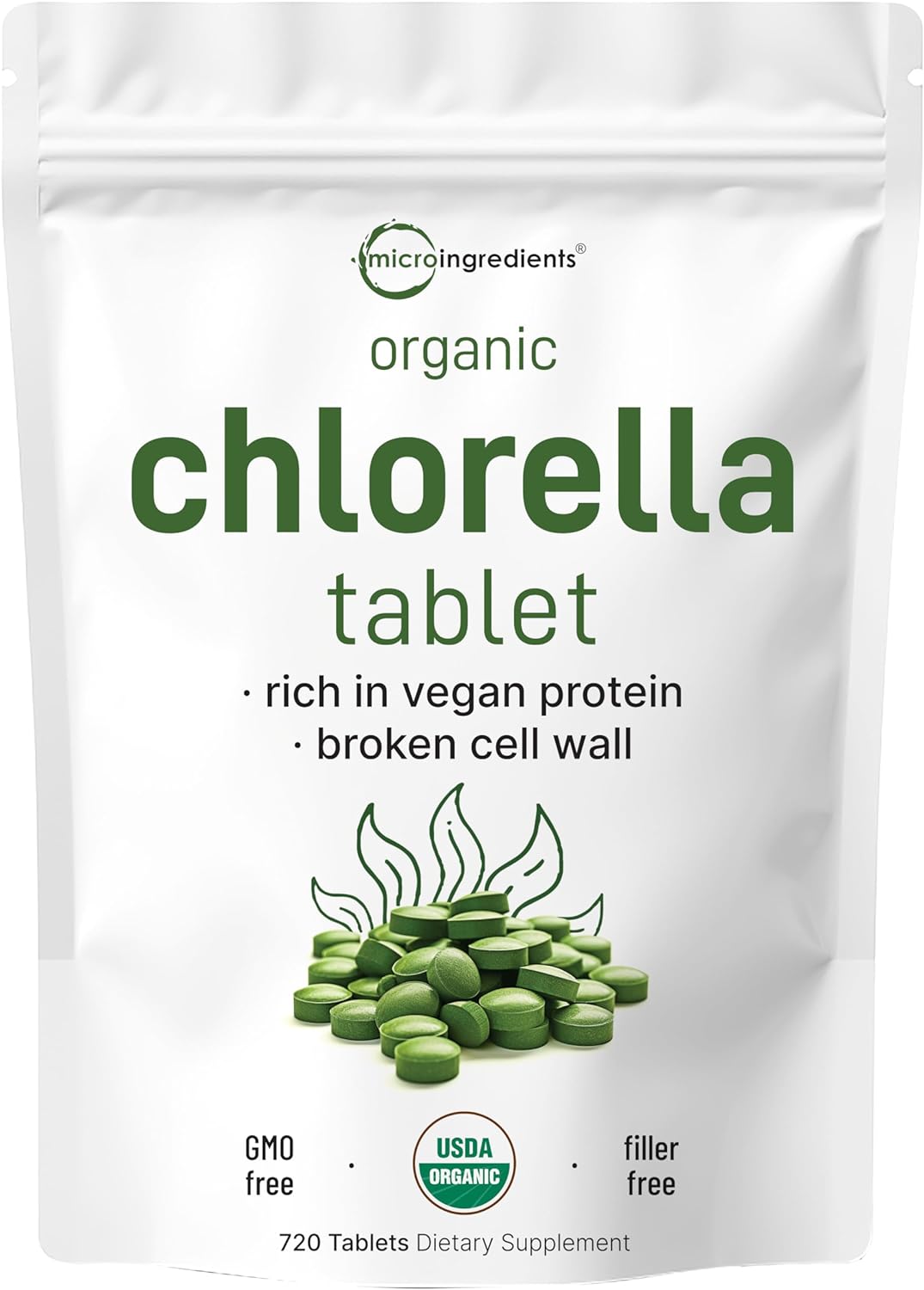 Organic Chlorella Tablets, 500mg Per Tablet, 720 Tabs (360 Grams), 4 Months Supply, Broken Cell Wall, Rich in Vegan Protein & Vitamins, No Filler, No Additives & Non-GMO | Pure Green Algae Superfood