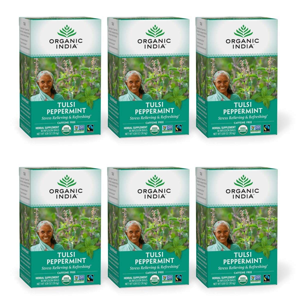 Organic India Tulsi Peppermint Herbal Tea – Holy Basil, Stress Relieving & Refreshing, Immune Support, Aids Digestion, Vegan, USDA Certified Organic, Caffeine-Free – 18 Infusion Bags, 6 Pack
