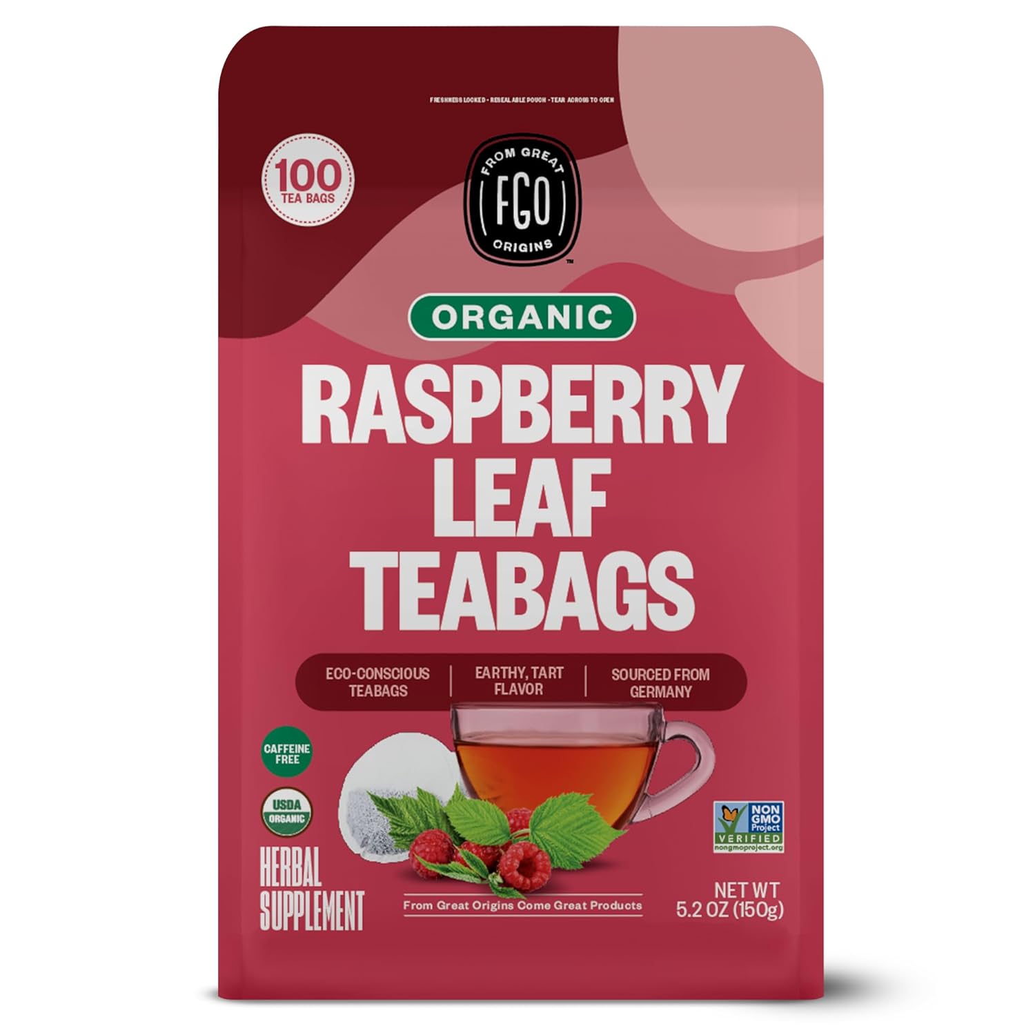 Organic Red Raspberry Leaf 100 Tea Bags | Eco-Conscious Tea Bags in Kraft Bag | Raw from Germany | by FGO