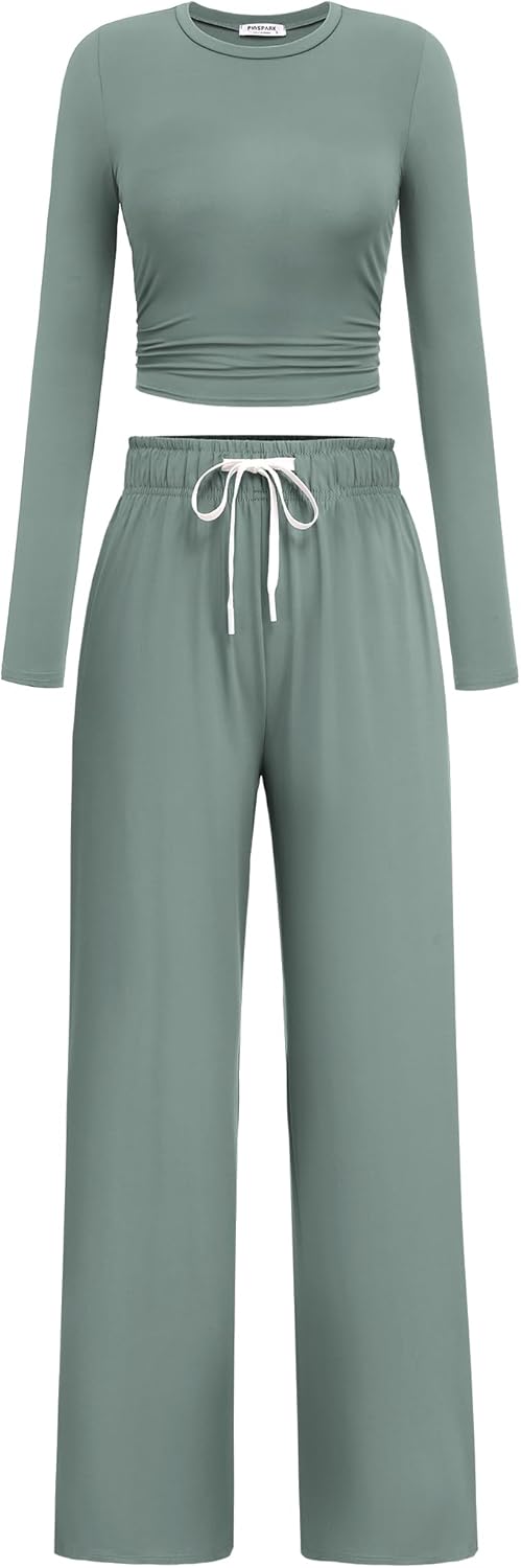 PINSPARK Women 2 Piece Lounge Set Long Sleeve Cropped Top Wide Leg Pants with Pockets 2024 Fall Outfits Matching Tracksuit