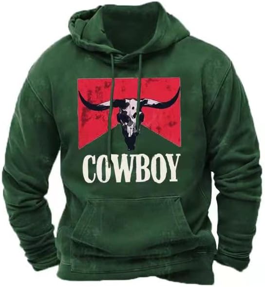 PORCLAY Cowboy Hoodie for Men Western Aztec Hooded Sweatshirt Country Graphic Print Oversized Pullover Shirts with Pocket