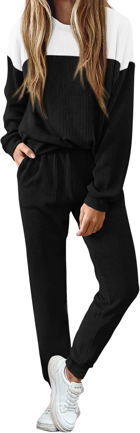 PRETTYGARDEN Women’s 2 Piece Outfits Ribbed Color Block Long Sleeve Crewneck Sweatshirt Tops Pockets Sweatpants Tracksuit Set