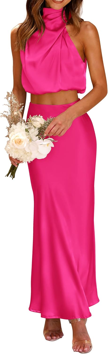 PRETTYGARDEN Women’s 2 Piece Satin Outfits Summer Sleeveless Mock Neck Crop Tops And Long Skirt Dress Sets