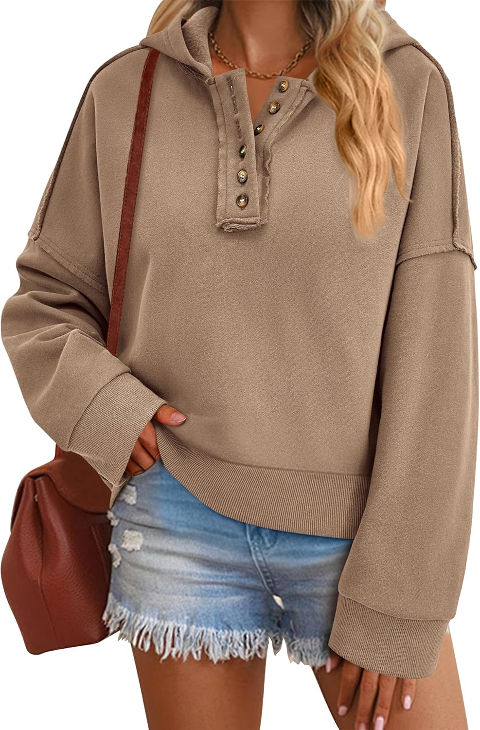 PRETTYGARDEN Womens Cropped Sweatshirt Hoodies Long Sleeve V Neck Button Hooded Pullover Tops 2024 Fall Trendy Outfits