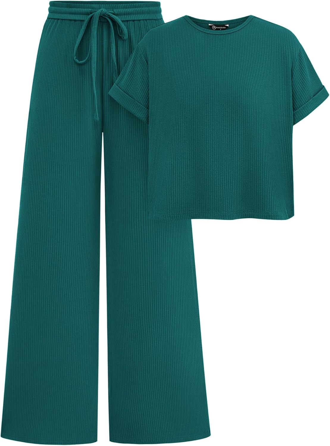 PRETTYGARDEN Women’s Summer 2 Piece Knit Loungewear Short Sleeve T Shirts Wide Leg Pants Tracksuit Casual Outfits