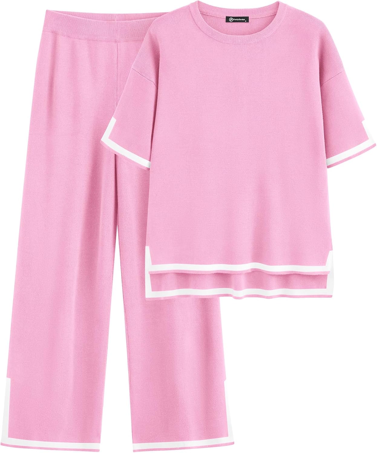 PRETTYGARDEN Women’s Summer 2 Piece Outfits Casual Short Sleeve Knit Sweater Tops Wide Leg Pants Lounge Sets Tracksuits
