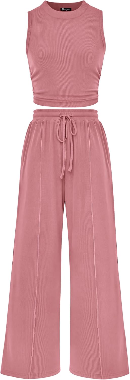 PRETTYGARDEN Women’s Summer 2 Piece Outfits Ribbed Knit Lounge Sets Tracksuit Sleeveless Crop Tank Tops Wide Leg Casual Pants