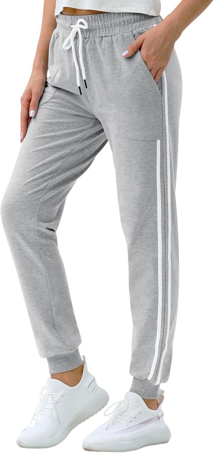 PULI Running Sweatpants for Women Drawstring High Waist Side Stripes Workout Cotton Athletic Lounge with Pockets