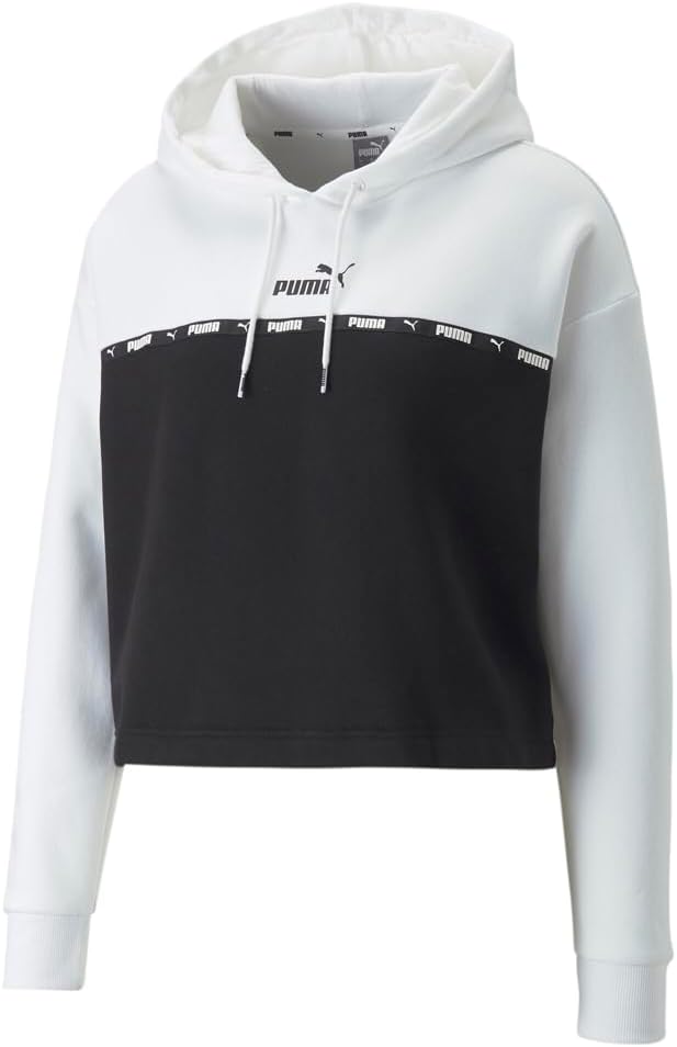 PUMA Women Power Tape Cropped Logo Hoodie Athletic Outerwear Casual Crop Top – White