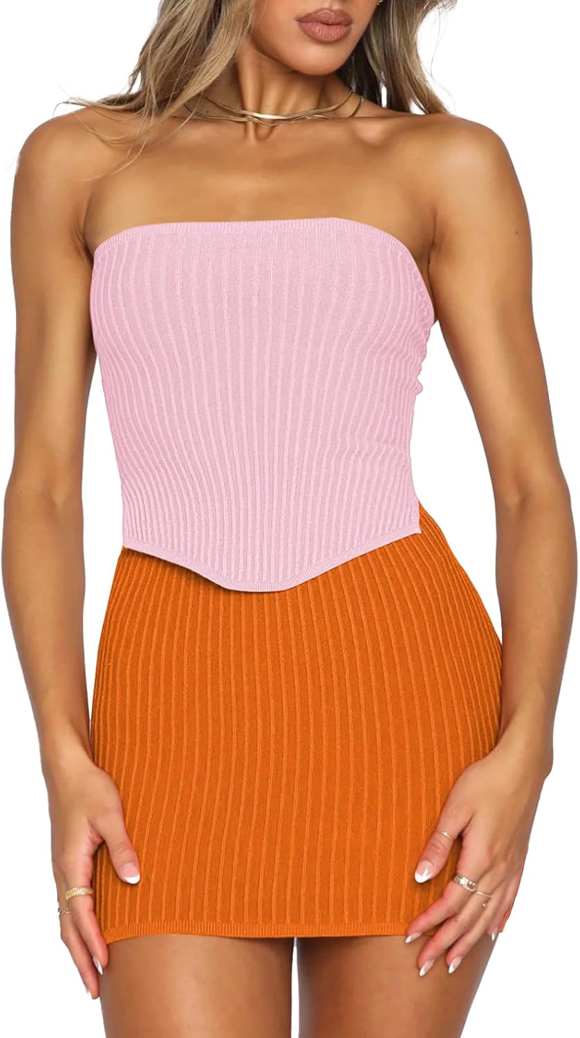 Pink Queen Women’s Sexy Summer 2 Piece Outfits Set Bandeau Going Out Crop Tops Bodycon Mini Skirt Sets Knit Dresses