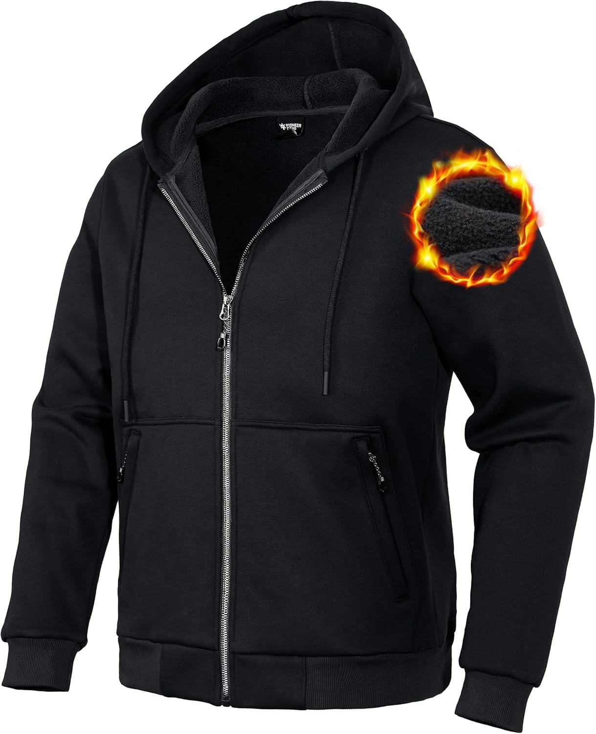 Pioneer Camp Zip Up Hoodie Men Fleece Lined with Zipper Pocket Heavyweight Hooded Sweatshirt Loose Fit Winter Active Jacket
