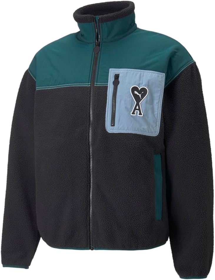 Puma Mens Ami X Sherpa Full-Zip Jacket Athletic Outerwear Casual – Black